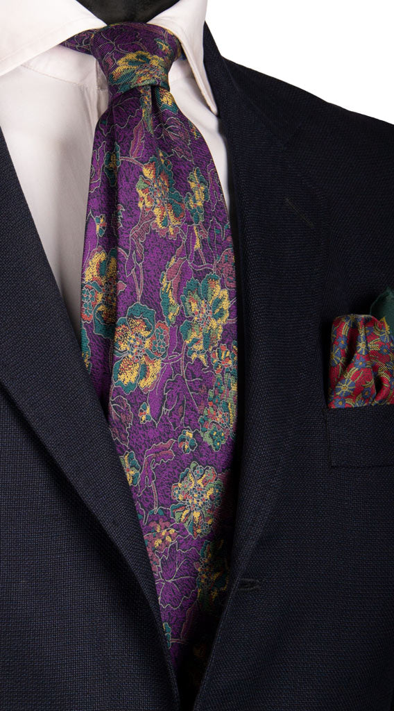 Cravatta Vintage in Saia di Seta Viola Blu a Fiori Multicolor Made in Italy Graffeo Cravatte