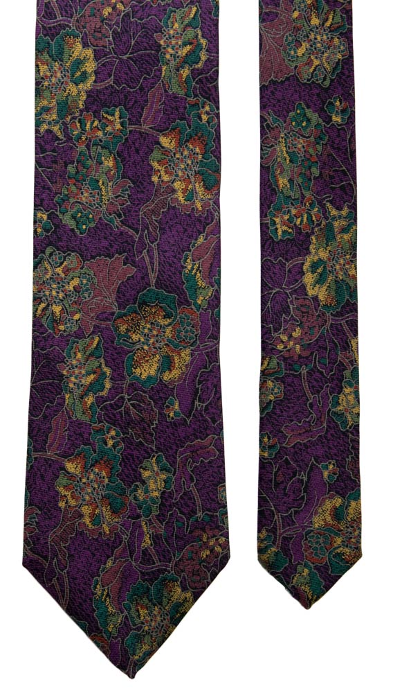 Cravatta Vintage in Saia di Seta Viola Blu a Fiori Multicolor Made in Italy Graffeo Cravatte Pala