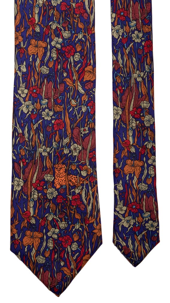 Cravatta Vintage in Saia di Seta Viola a Fiori Multicolor con Animali Made in Italy Graffeo Cravatte Pala