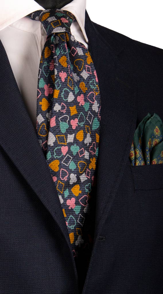 Cravatta Vintage in Seta Jacquard Blu Fantasia Carte da Poker Multicolor Made in Italy Graffeo Cravatte