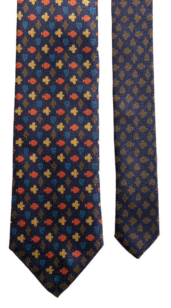 Cravatta Vintage in Seta Jacquard Blu Fantasia Nodo in Contrasto Carte da Poker Multicolor Made in Italy Graffeo cravatte Pala