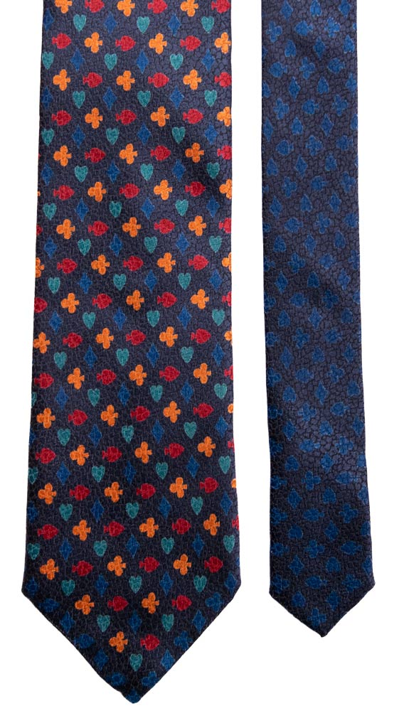 Cravatta Vintage in Seta Jacquard Blu Fantasia Nodo in Contrasto Carte da Poker Multicolor Made in Italy Graffeo Cravatte Pala
