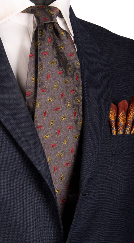 Cravatta Vintage in Seta Jacquard Color Vinaccia Fantasia Giallo Oro Rossa Made in Italy graffeo Cravatte