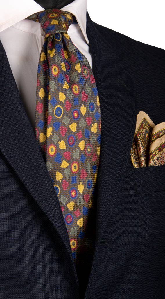 Cravatta Vintage in Seta Jacquard Marrone Blu Fantasia Carte da Poker Multicolor Made in Italy Graffeo Cravatte