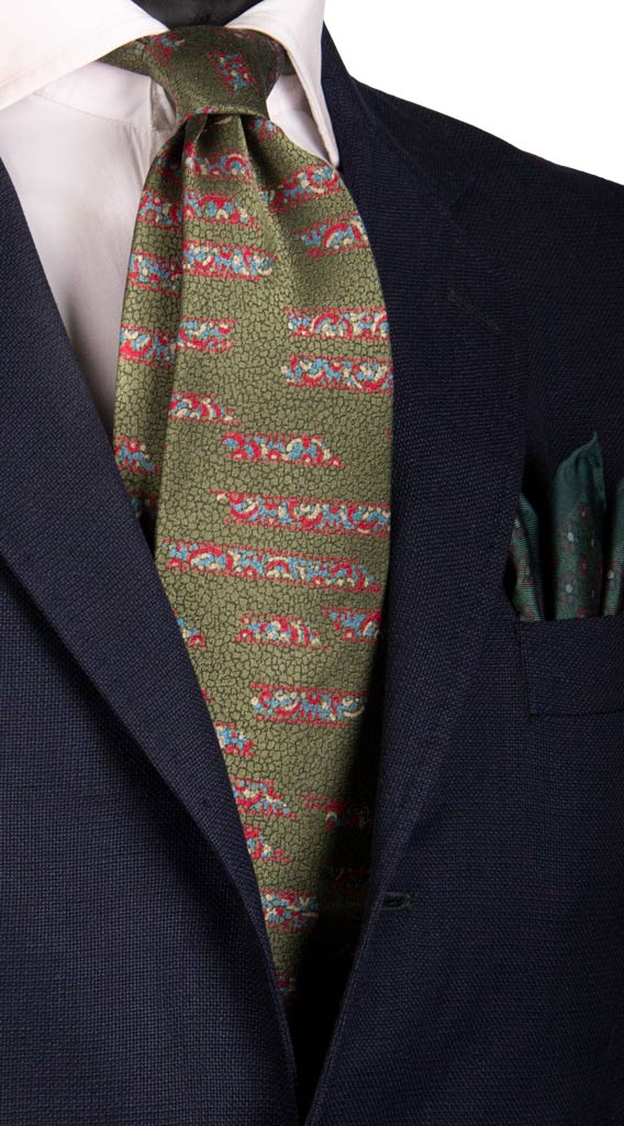 Cravatta Vintage in Seta Jacquard Verde Fantasia Rossa Celeste Made in Italy Graffeo Cravatte