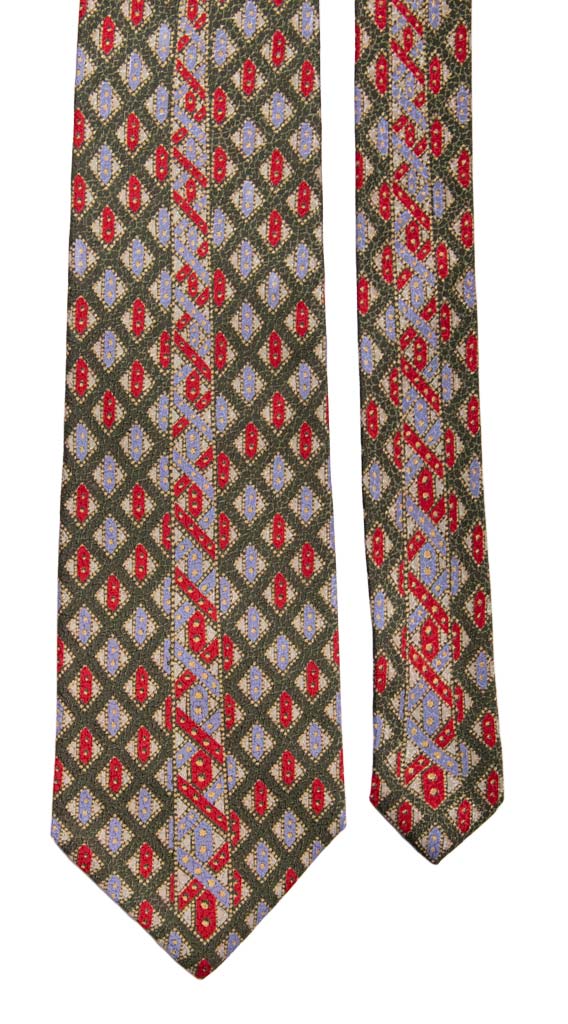 Cravatta Vintage in Seta Jacquard Verde con Disegno Centro Pala Rosso Azzurro Made in italy Graffeo Cravatte Pala