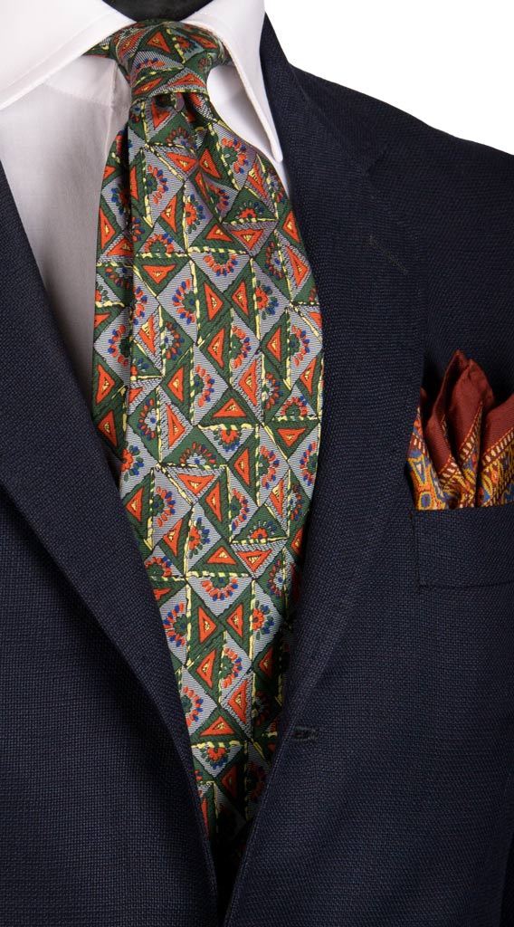Cravatta Vintage in Twill di Seta Azzurro Polvere Fantasia Verde Arancione Made in Italy Graffeo Cravatte