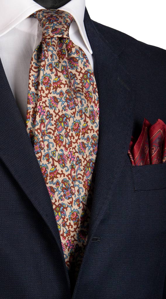 Cravatta Vintage in Twill di Seta Beige a Fiori Multicolor Made in Italy Graffeo Cravatte