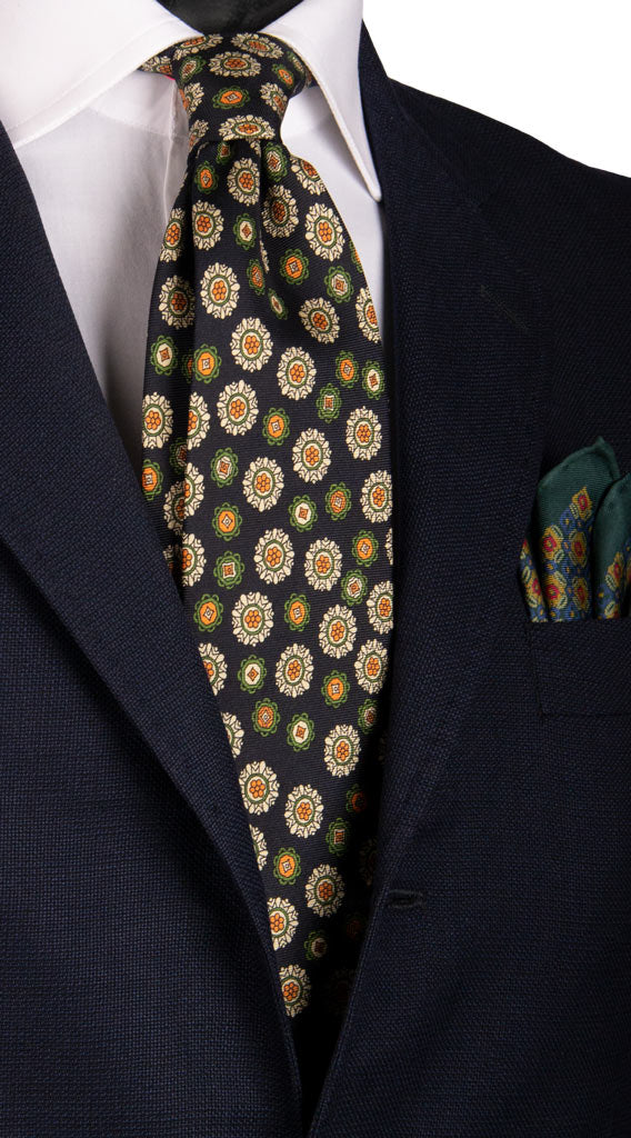 Cravatta Vintage in Twill di Seta Blu Fantasia Champagne Verde Arancione Made in Italy Graffeo Cravatte