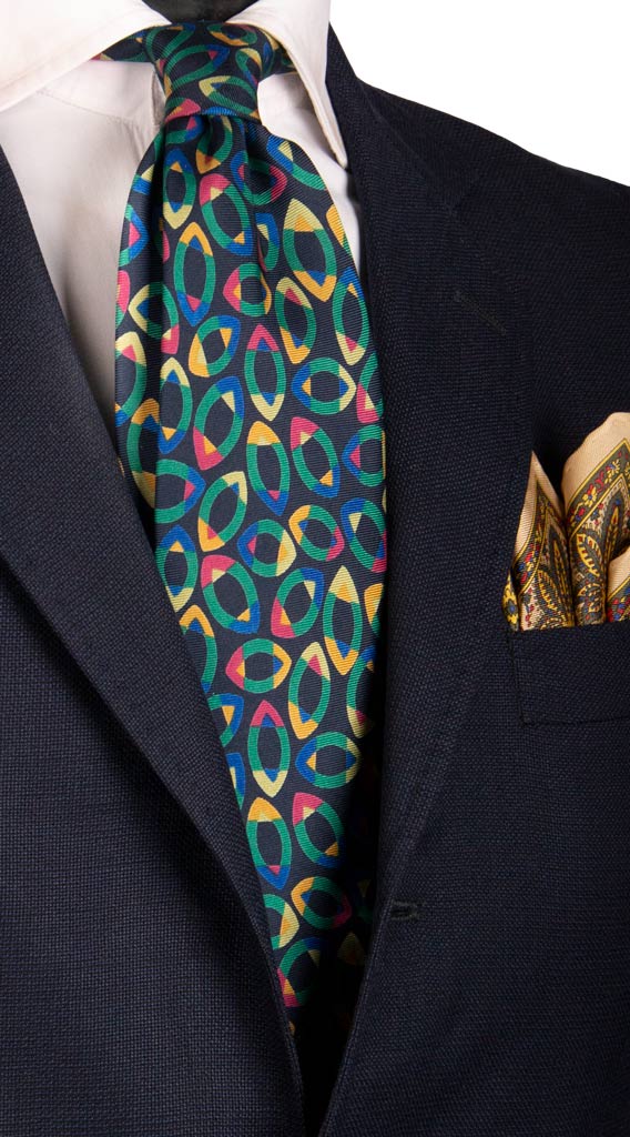Cravatta Vintage in Twill di Seta Blu Fantasia Multicolor Made in italy Graffeo Cravatte