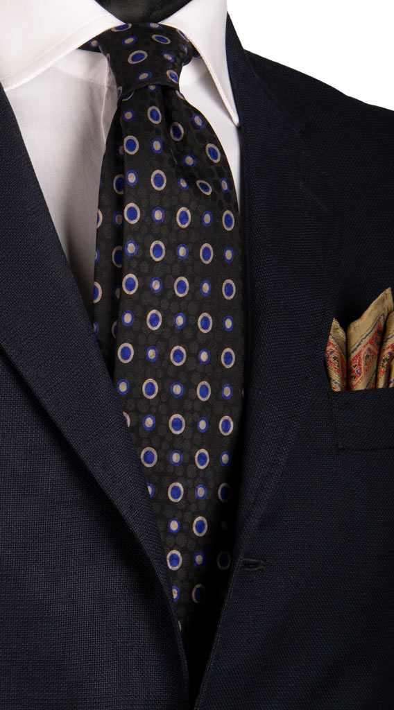 Cravatta Vintage in Twill di Seta Blu Notte Fantasia Bluette Grigia Made in Italy Graffeo Cravatte