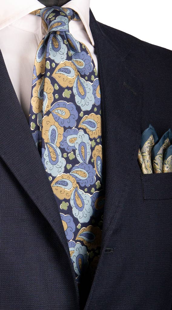Cravatta Vintage in Twill di Seta Blu Paisley Blu Avio Celeste Tortora Made in Italy Graffeo Cravatte