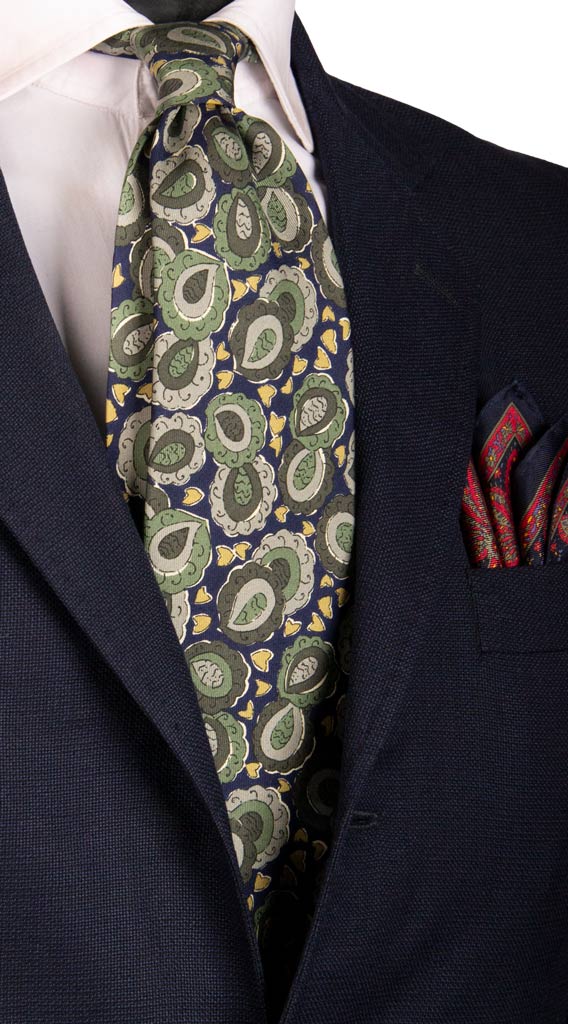 Cravatta Vintage in Twill di Seta Blu Paisley Verde Grigio Made in Italy Graffeo Cravatte