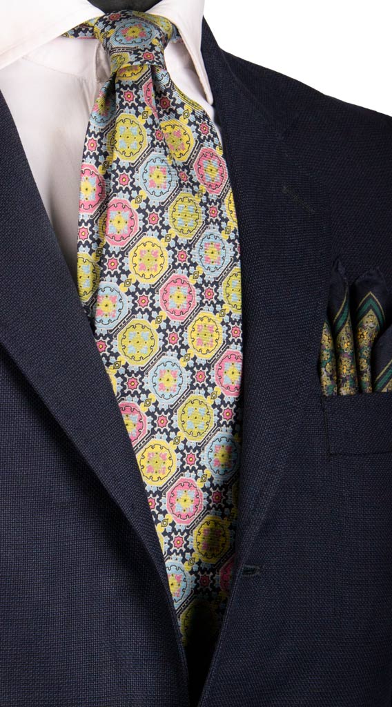 Cravatta Vintage in Twill di Seta Blu a Medaglioni Gialli Verdi Azzurri Made in Italy Graffeo Cravatte