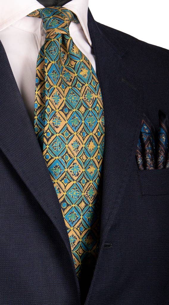 Cravatta Vintage in Twill di Seta Fantasia Turchese Beige Made in Italy Graffeo Cravatte
