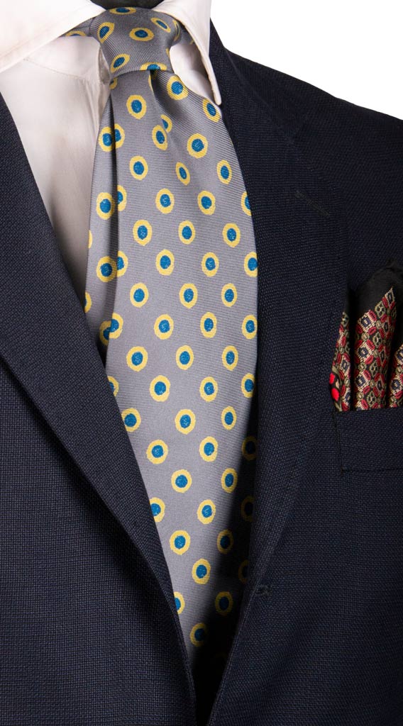 Cravatta Vintage in Twill di Seta Grigia Fantasia Gialla Bluette Made in Italy Graffeo Cravatte