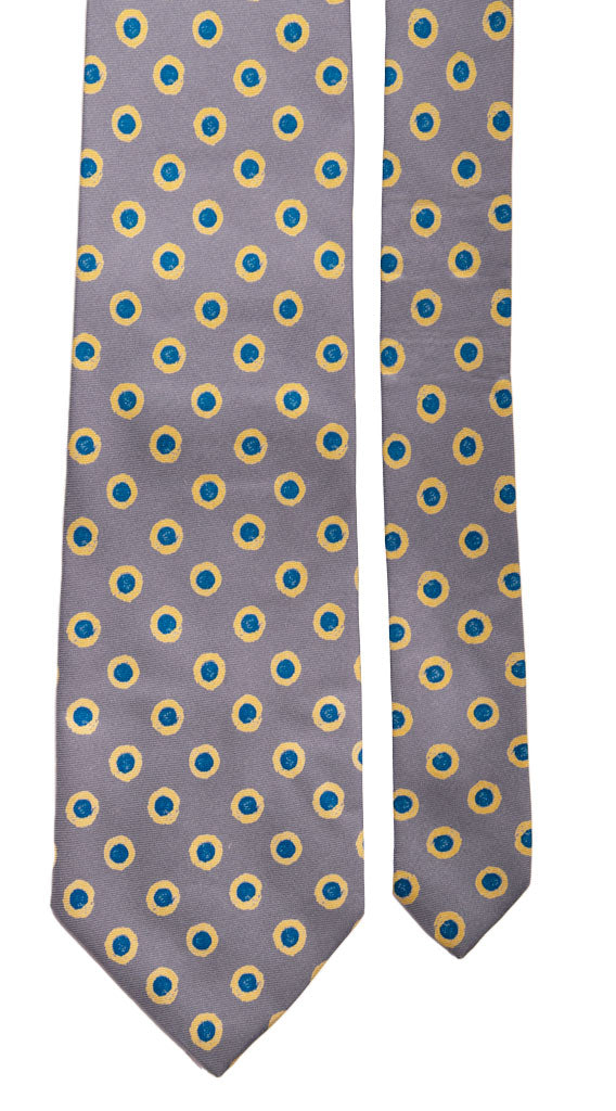Cravatta Vintage in Twill di Seta Grigia Fantasia Gialla Bluette Made in Italy Graffeo Cravatte Pala