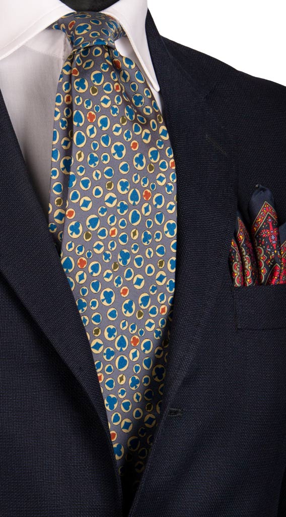 Cravatta Vintage in Twill di Seta Lavanda Fantasia Carte Da Poker Made in Italy Graffeo Cravatte