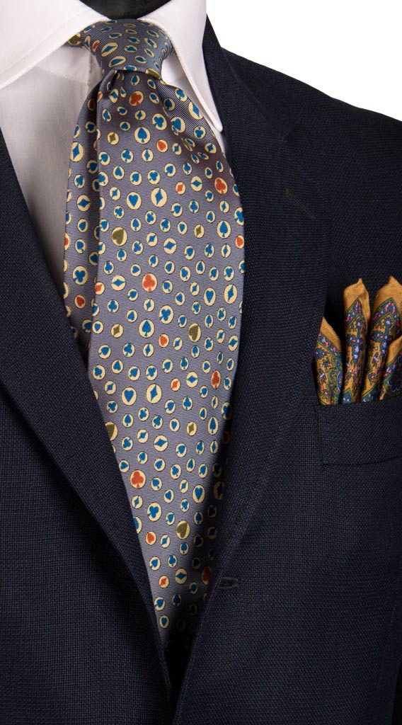 Cravatta Vintage in Twill di Seta Lavanda Fantasia Carte Da Poker Made in Italy Graffeo Cravatte
