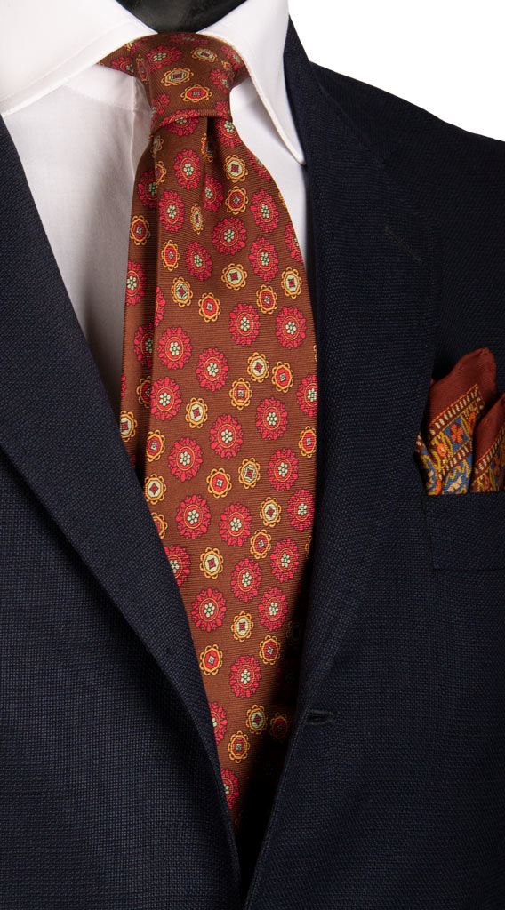 Cravatta Vintage in Twill di Seta Marrone Fantasia Fucsia Arancione Made in Italy Graffeo Cravatte