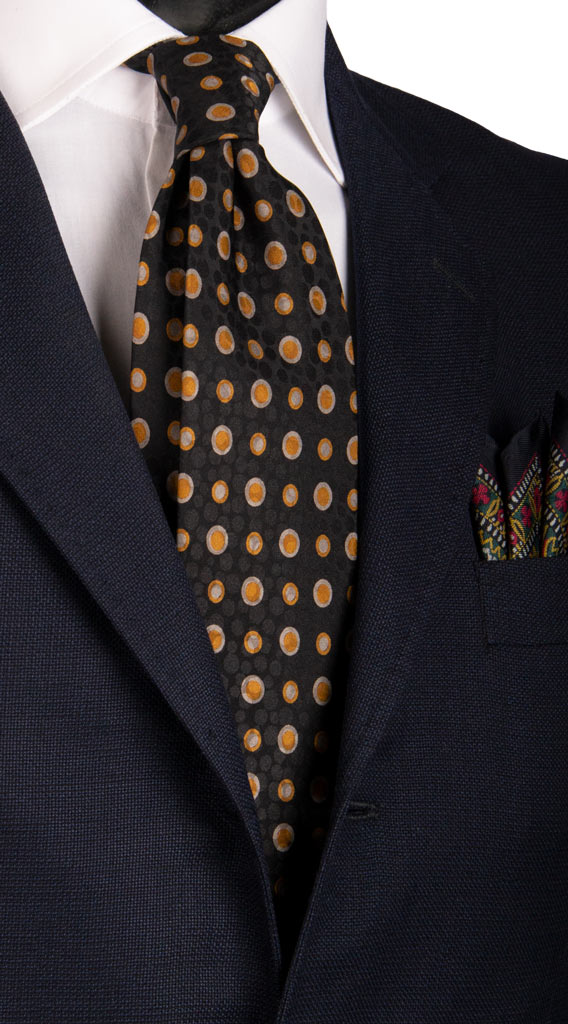 Cravatta Vintage in Twill di Seta Nera Fantasia Giallo Senape Grigia Made in Italy Graffeo Cravatte
