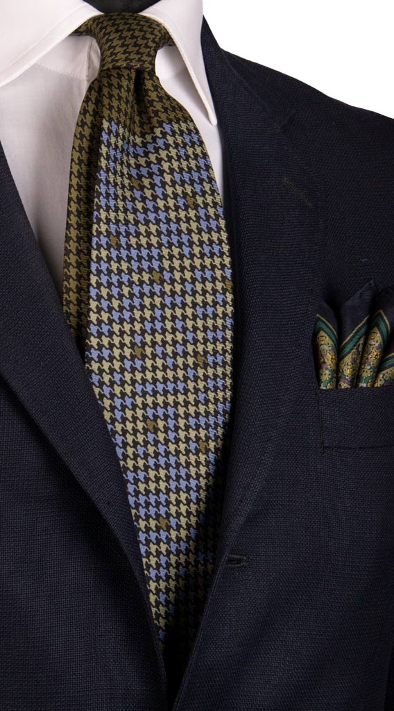 Cravatta Vintage in Twill di Seta Verde Pied de Poule Multicolor Nodo in Contrasto Verde CV346