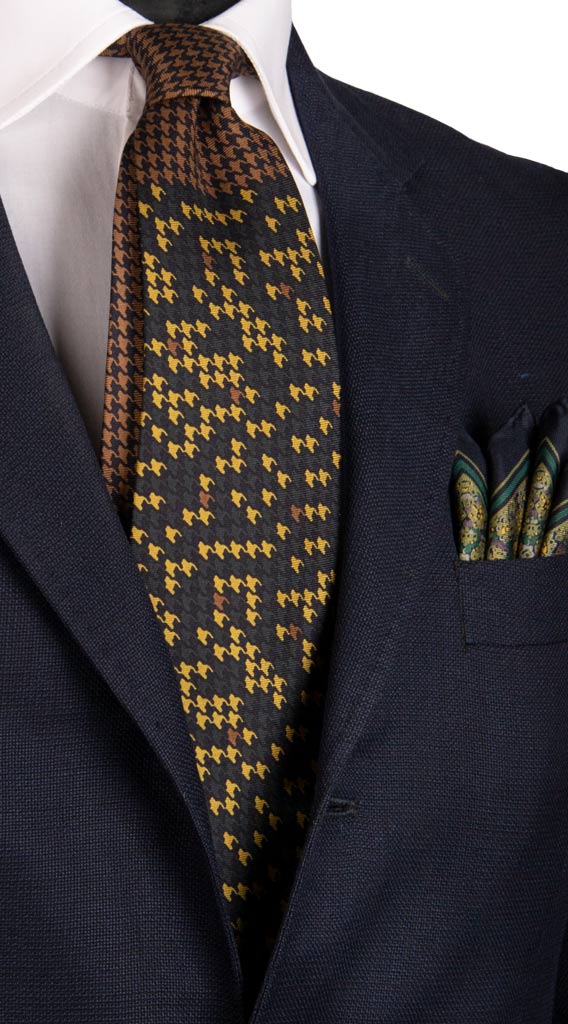 Cravatta Vintage in Twill di Seta Pied de Poule Verde Fantasia Nodo in Contrasto Made in Italy graffeo Cravatte