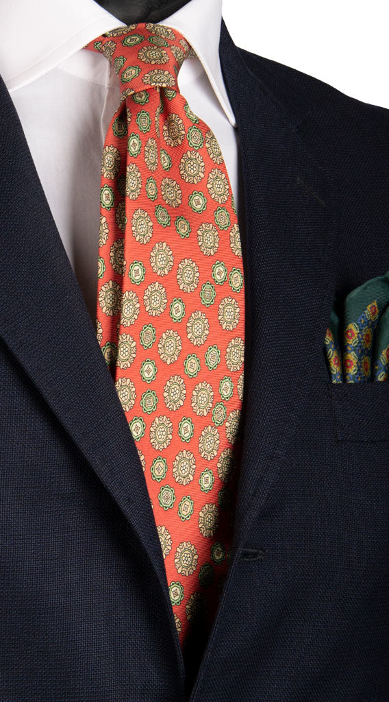 Cravatta Vintage in Twill di Seta Rosa Antico Fantasia Rosa Salmone Verde Made in Italy Graffeo Cravatte