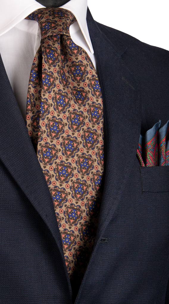 Cravatta Vintage in Twill di Seta Tortora a Fantasia Multicolor Made in Italy Graffeo Cravatte