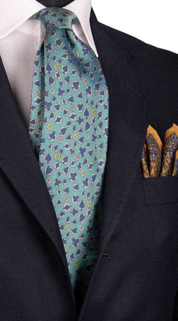 Cravatta Vintage in Twill di Seta Turchese Fantasia Carte Da Poker Made in Italy Graffeo Cravatte