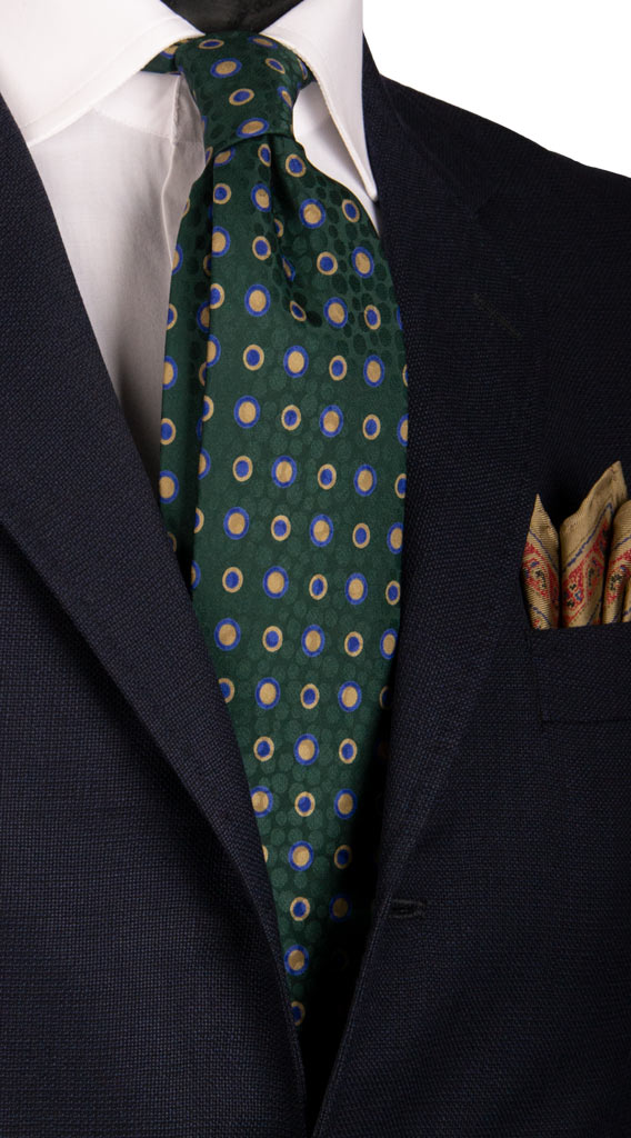 Cravatta Vintage in Twill di Seta Verde Bottiglia Fantasia Bluette Beige Made in Italy Graffeo Cravatte