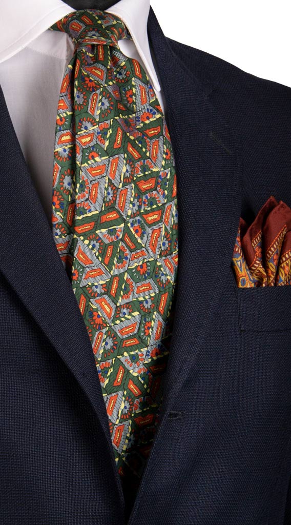 Cravatta Vintage in Twill di Seta Verde Bottiglia Fantasia Grigia Arancione Gialla Made in Italy Graffeo Cravatte