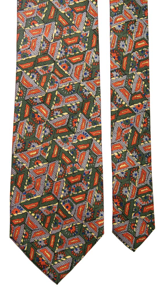 Cravatta Vintage in Twill di Seta Verde Bottiglia Fantasia Grigia Arancione Gialla Made in Italy Graffeo Cravatte Pala