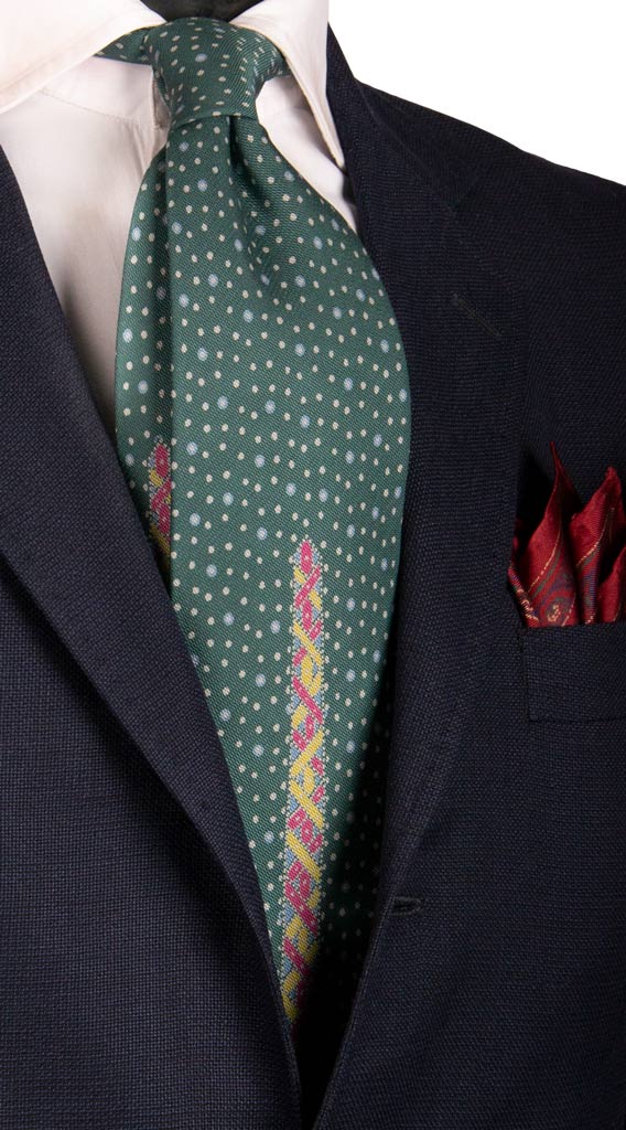 Cravatta Vintage in Twill di Seta Verde Bottiglia con Disegno Centro Pala Multicolor Made in Italy Graffeo Cravatte