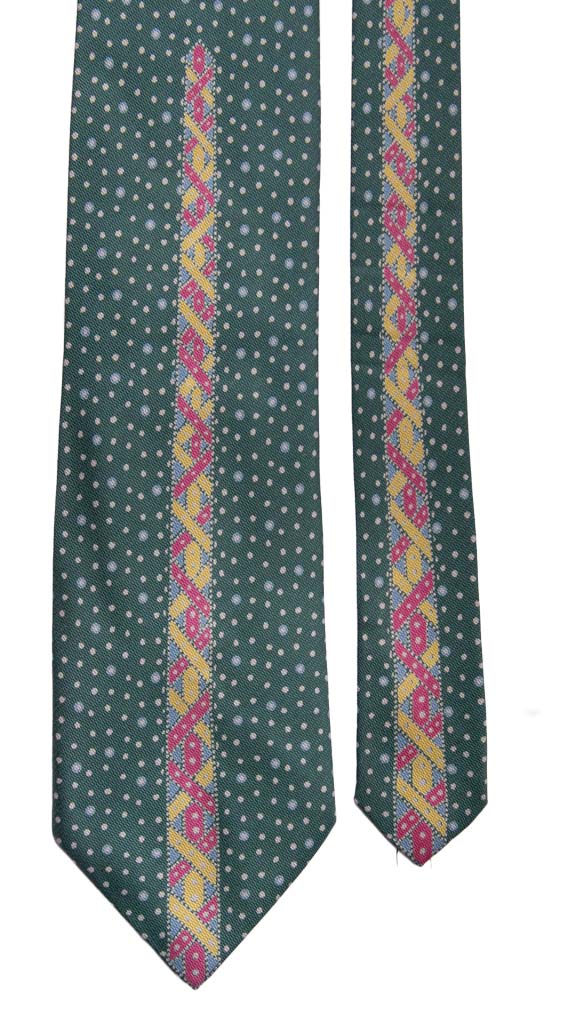 Cravatta Vintage in Twill di Seta Verde Bottiglia con Disegno Centro Pala Multicolor Made in Italy Graffeo Cravatte Pala