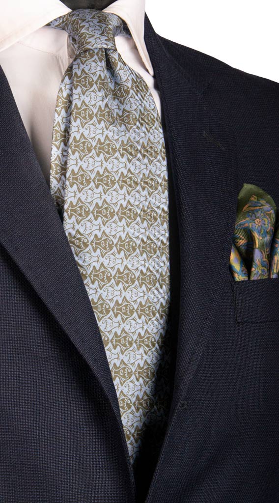 Cravatta Vintage in Twill di Seta Verde Celeste Fantasia con Animali Made in Italy Graffeo Cravatte