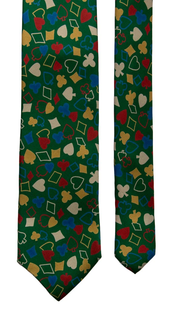 Cravatta Vintage in Twill di Seta Verde Fantasia Carte da Poker Multicolor Made in italy Graffeo Cravatte Pala