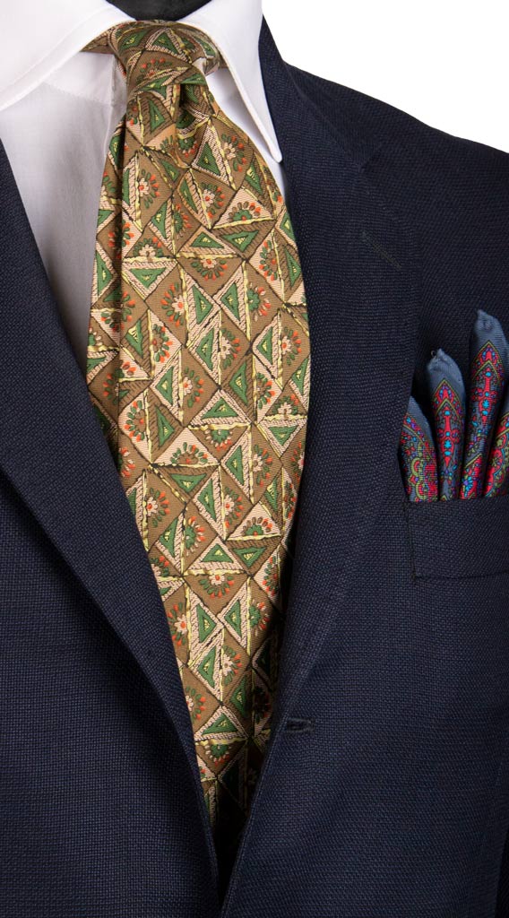 Cravatta Vintage in Twill di Seta Verde Oliva Fantasia Beige Arancione Made in Italy Graffeo Cravatte