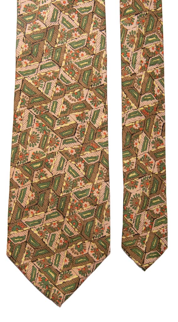 Man Olive Green Vintage Silk Tie Beige Orange Pattern CV289
