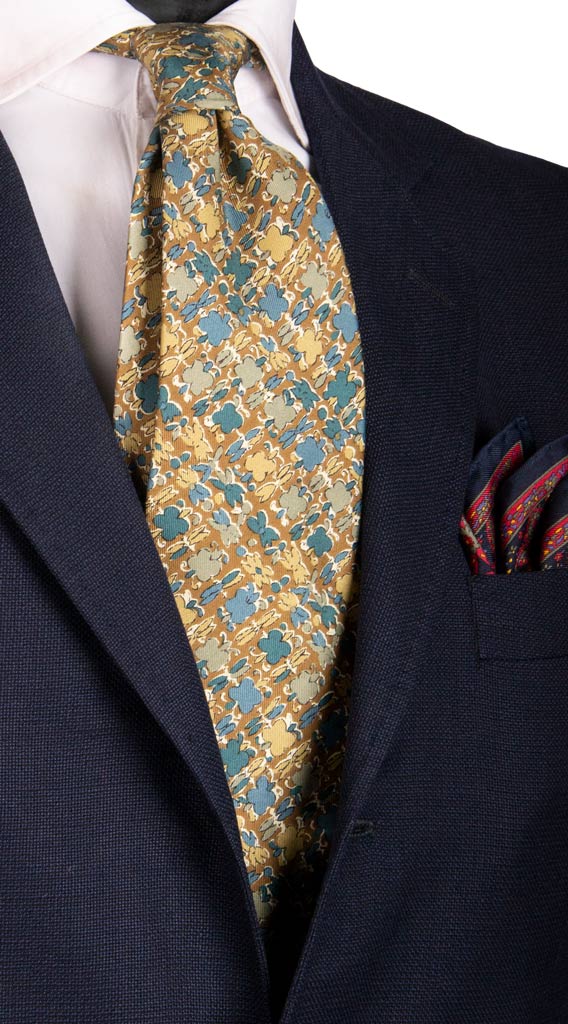 Cravatta Vintage in Twill di Seta Verde Oliva Fantasia Blu Avio Beige Made in Italy Graffeo Cravatte