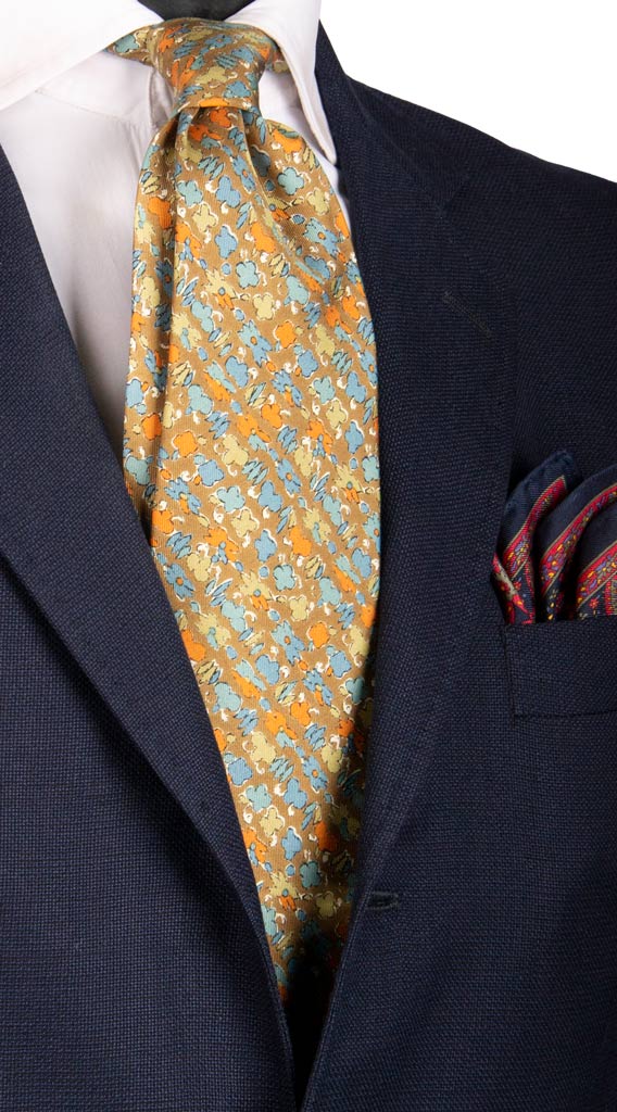 Cravatta Vintage in Twill di Seta Verde Oliva Fantasia Celeste Arancione Made in Italy Graffeo Cravatte
