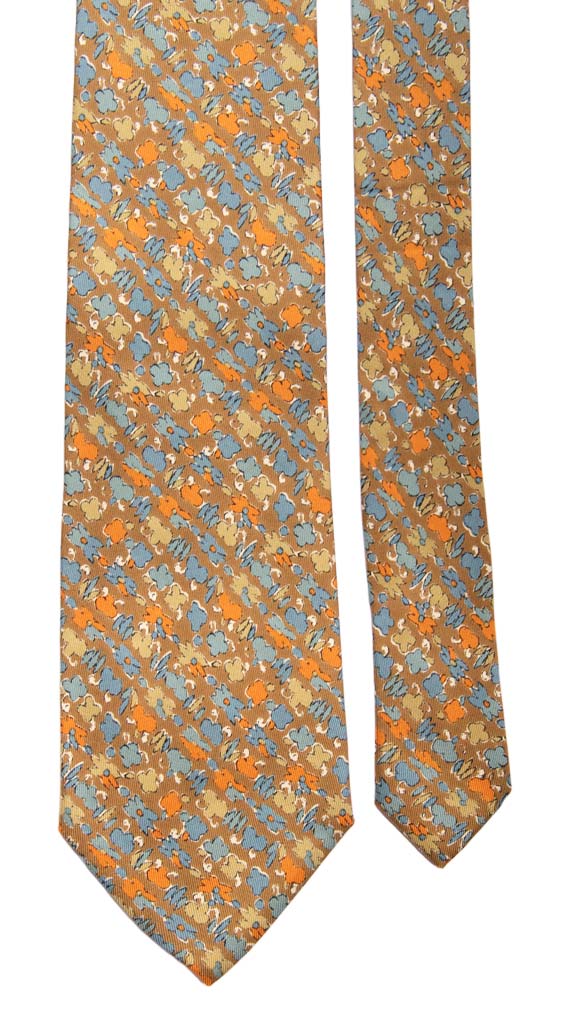 Cravatta Vintage in Twill di Seta Verde Oliva Fantasia Celeste Arancione Made in Italy Graffeo Cravatte Pala