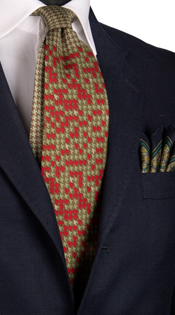 Cravatta Vintage in Twill di Seta Pied de Poule Verde Rosso Nodo in Contrasto Made in Italy graffeo Cravatte