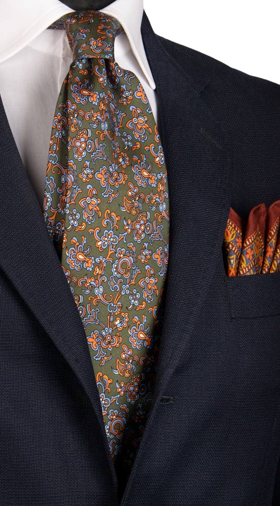 Cravatta Vintage in Twill d Seta Verde Oliva a Fiori Multicolor Made in Italy Graffeo Cravatte