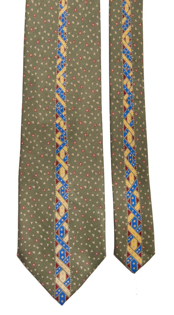 Cravatta Vintage in Twill di Seta Verde Oliva con Disegno Centro Pala Multicolor Made in Italy Graffeo Cravatte Pala