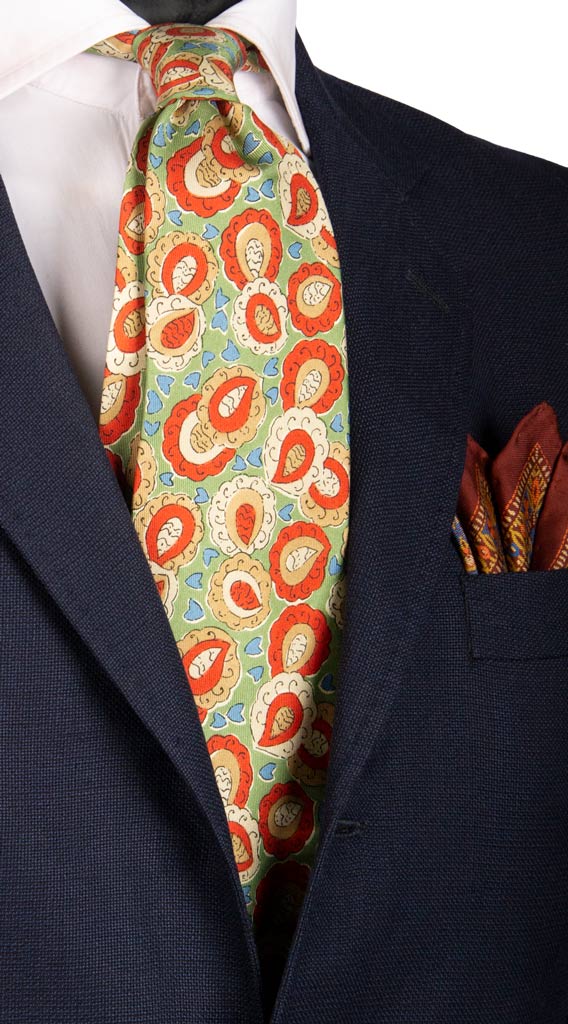 Cravatta Vintage in Twill di Seta Verde Pastello Paisley Arancione Tortora Celeste Made in Italy Graffeo Cravatte