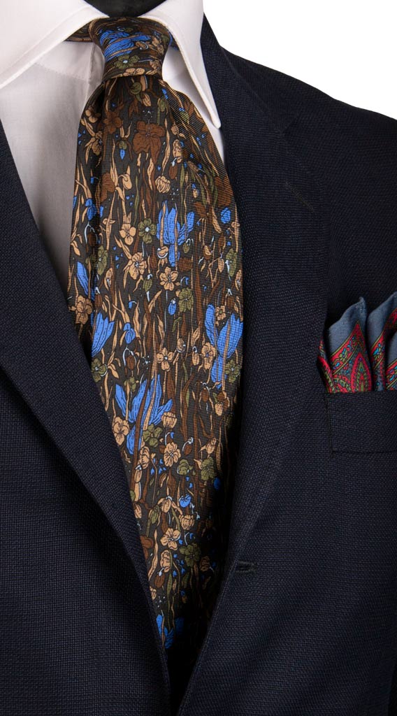 Cravatta Vintage in Twill di Seta Verde Scuro a Fiori Multicolor con Animali Made in Italy Graffeo Cravatte