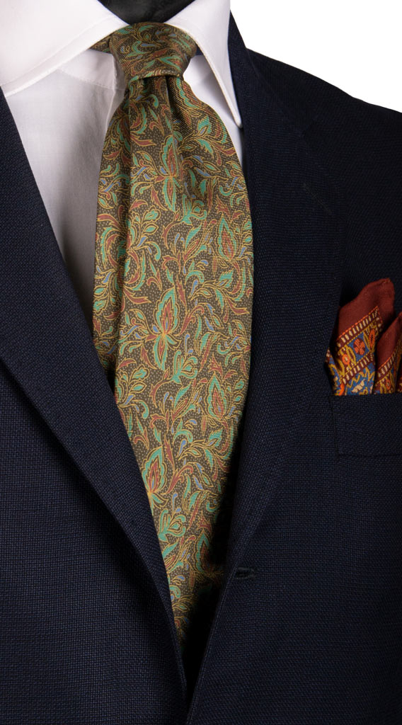 Cravatta Vintage in Twill di Seta Verde a Fiori Verde Acqua Ruggine Made in Italy Graffeo Cravatte