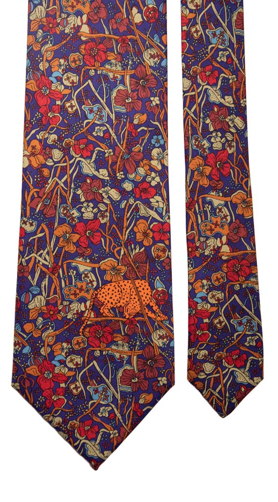 Cravatta Vintage in Twill di Seta Viola a Fiori Multicolor con Animali Made in Italy Graffeo Cravatte Pala