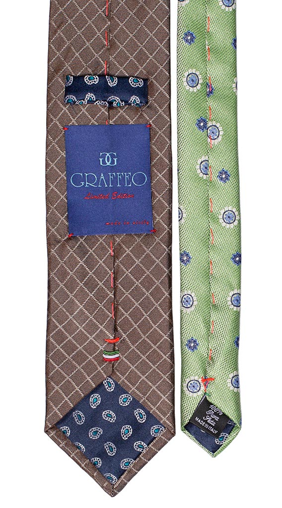 Cravatta a Quadri Beige Tono su Tono Nodo a Contrasto Blu Paisley Verde Beige Made in Italy Graffeo Cravatte Pala
